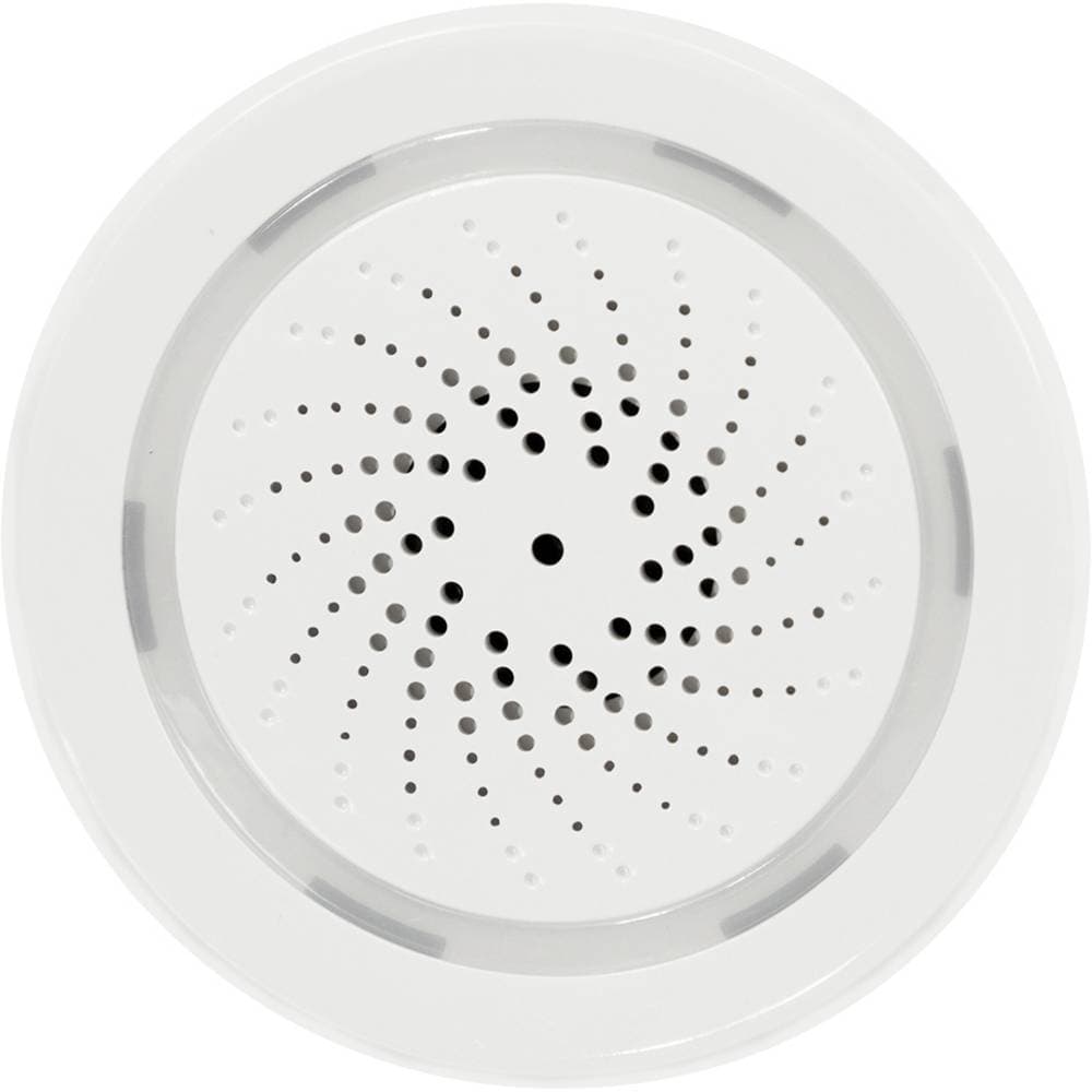 Round white Wi-Fi security alarm system with a perforated spiral design, featuring a smooth plastic surface and a sleek, modern aesthetic suitable for smart home integration.