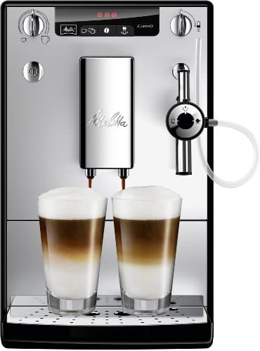Silver Melitta E957-203 Solo Perfect Milk Bean to Cup Coffee Machine with dual coffee spouts, frothing wand, and digital display, designed for brewing espresso and milk-based drinks.