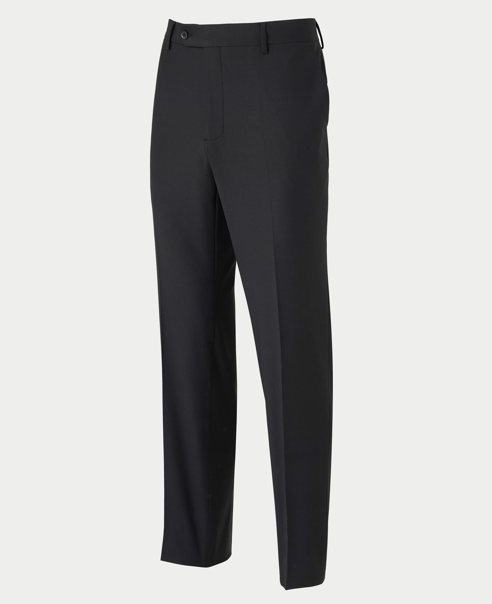 Men's black wool blend suit trousers featuring a tailored fit, flat front, and belt loops, available in size 36" x 30" by Savile Row Company.