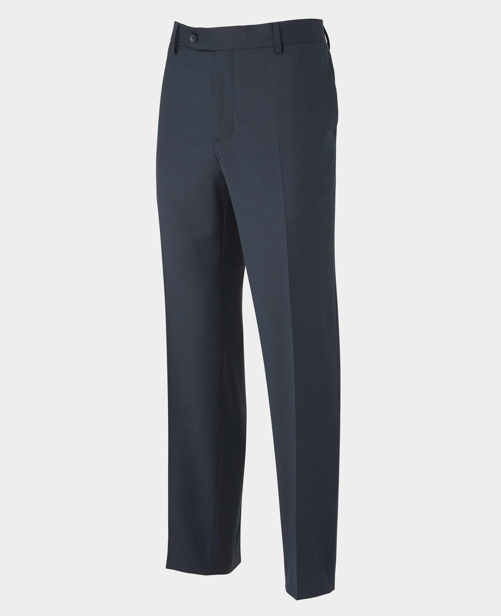 Men's dark navy wool blend suit trousers featuring a tailored fit, flat front, and a single button closure, available in size 32" X 31" by Savile Row Company.