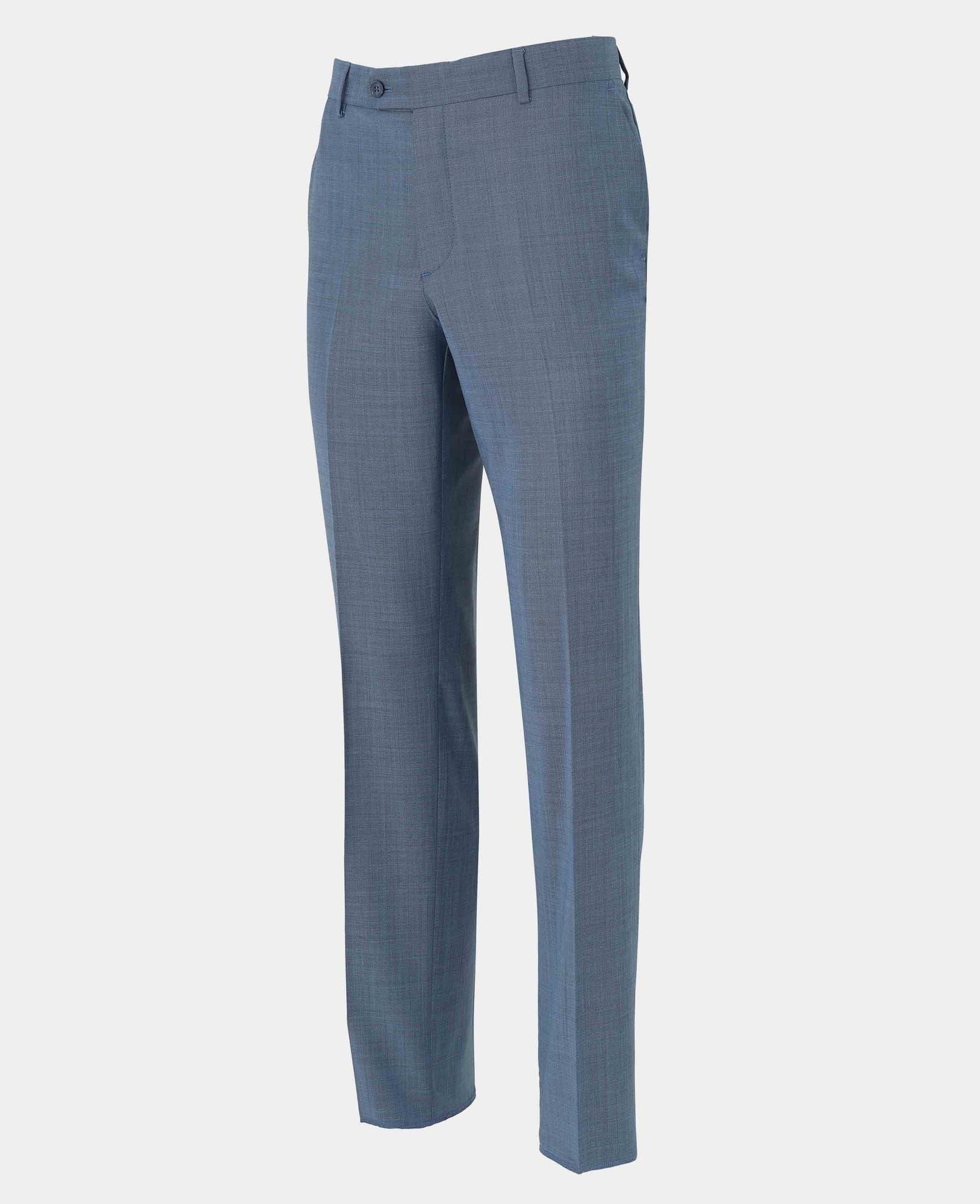 Men's navy wool blend suit trousers featuring a tailored fit, flat front, and subtle check pattern, available in size 38" x 32" from Savile Row Company.