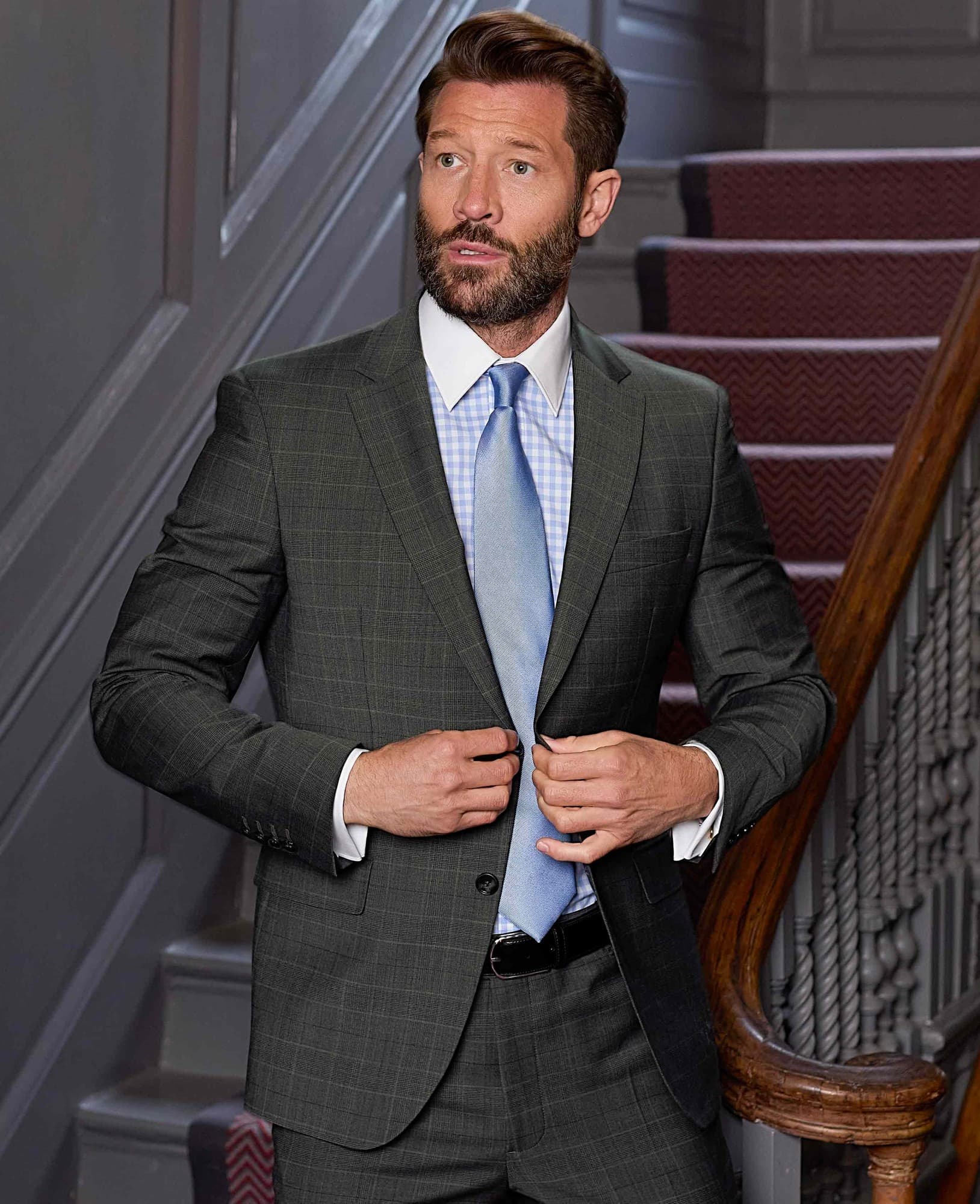 Men's Grey Prince of Wales Check Wool Blend Suit Jacket - Size: 38" x Short - Savile Row Company - image 4
