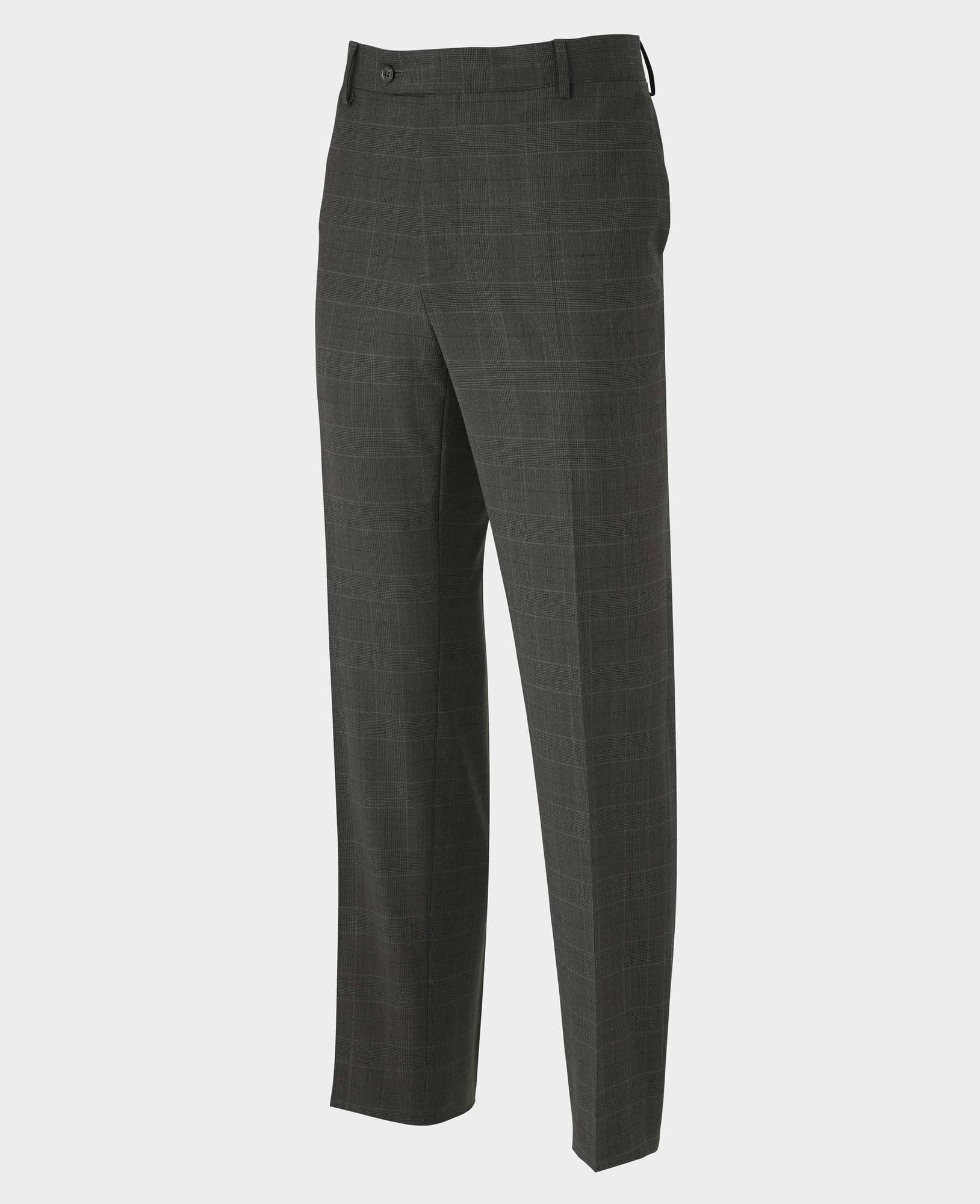 Men's grey Prince of Wales check wool blend suit trousers featuring a classic pattern, tailored fit, and side pockets, size 34" x 33", by Savile Row Company.