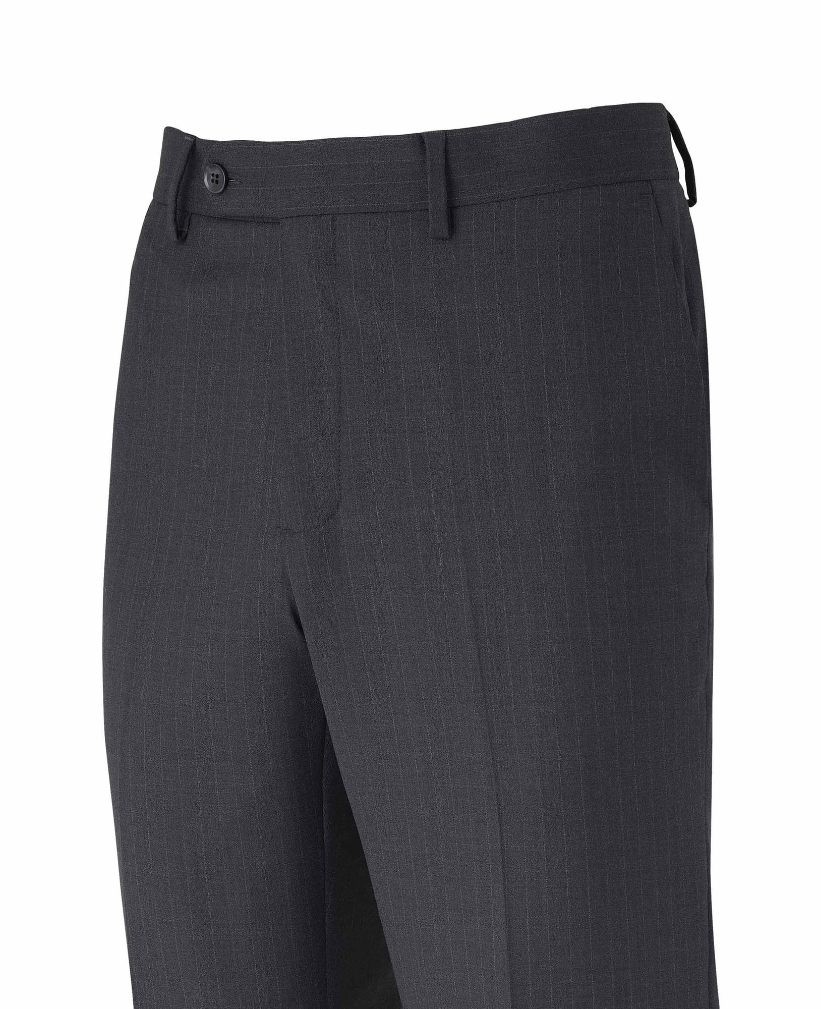 Men's grey wool blend trousers featuring a chalk stripe pattern, with a flat front, side pockets, and a tailored fit, size 32" x 30", by Savile Row Company.