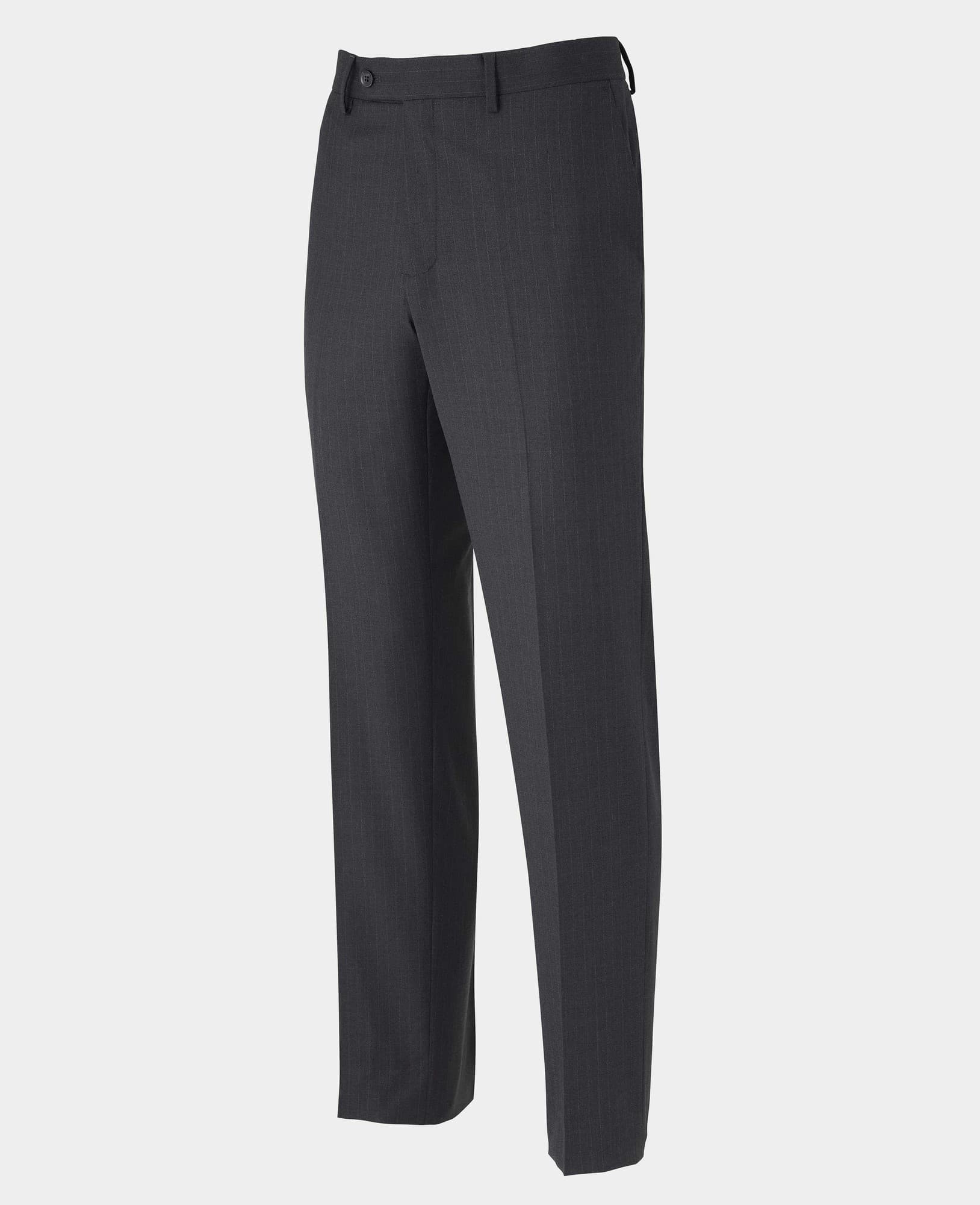 Men's grey wool blend trousers featuring a chalk stripe pattern, tailored fit, and a size of 32" x 32", designed by Savile Row Company.