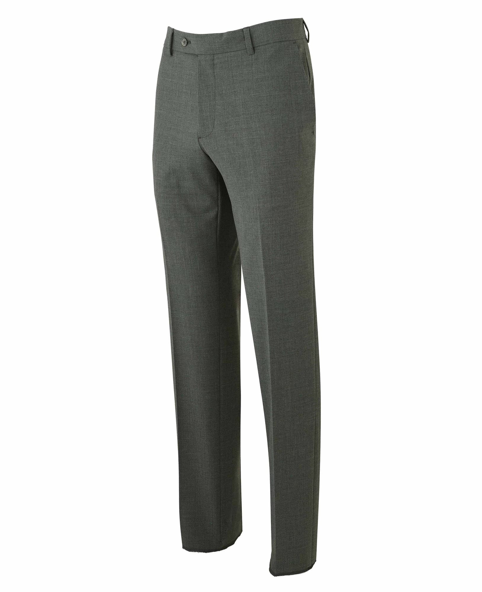 Men's grey wool-blend suit trousers featuring a tailored fit, flat front, and side pockets, available in size 34" x 31" from Savile Row Company.
