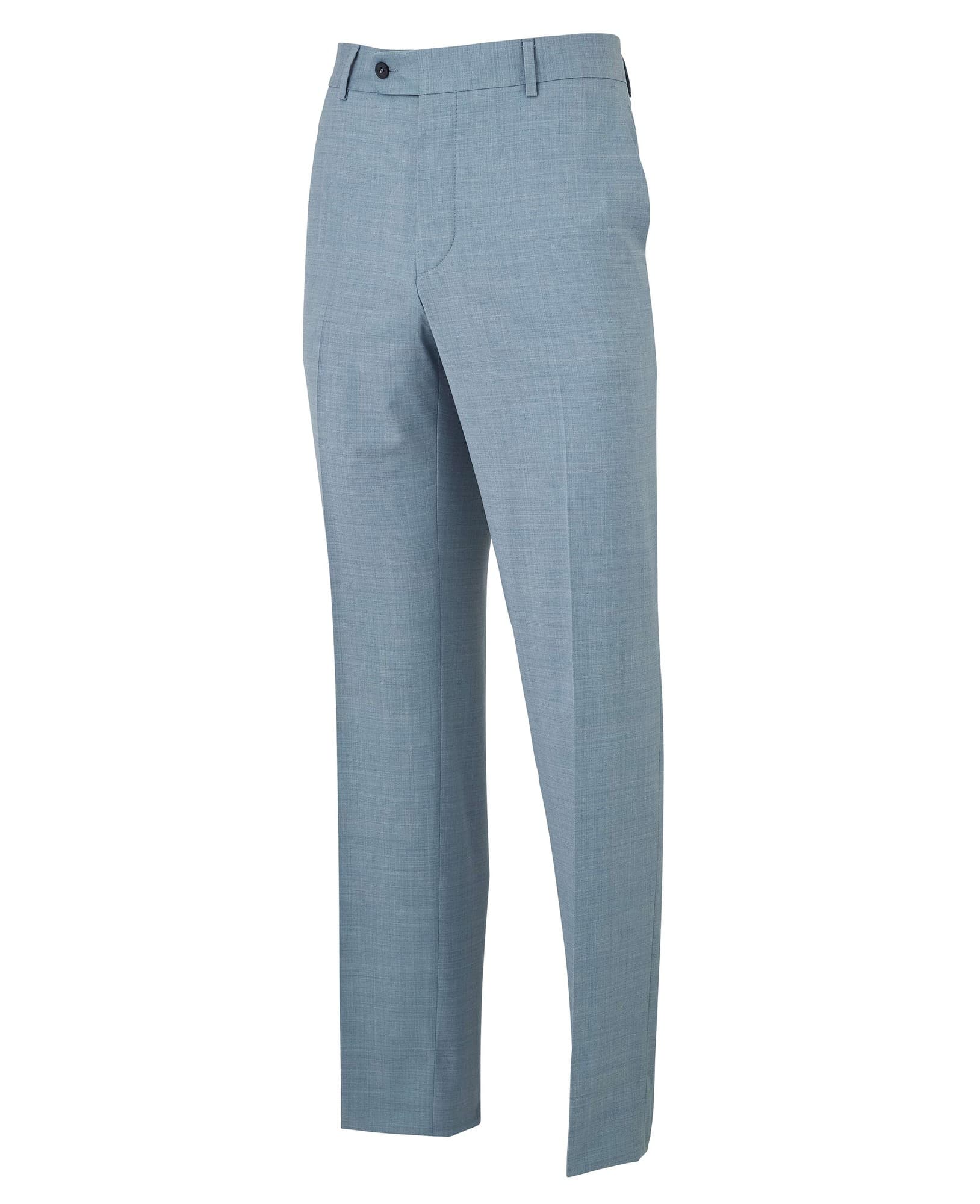 Light blue wool-blend tailored suit trousers featuring a sleek design, flat front, and a size of 36" X 31", crafted by Savile Row Company.