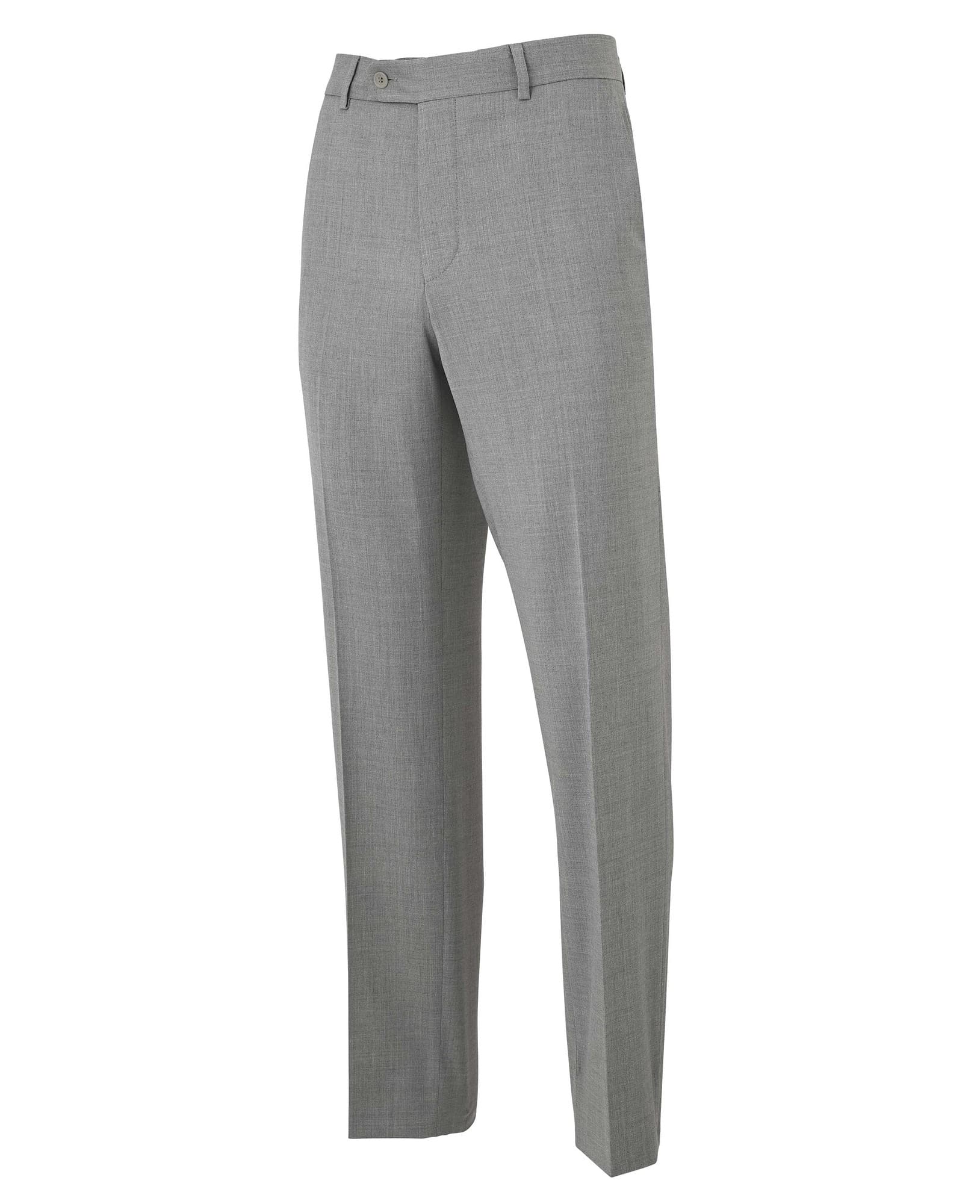 Mid-grey wool-blend tailored suit trousers with a flat front, belt loops, and a single button closure, sized 36" x 32", by Savile Row Company.