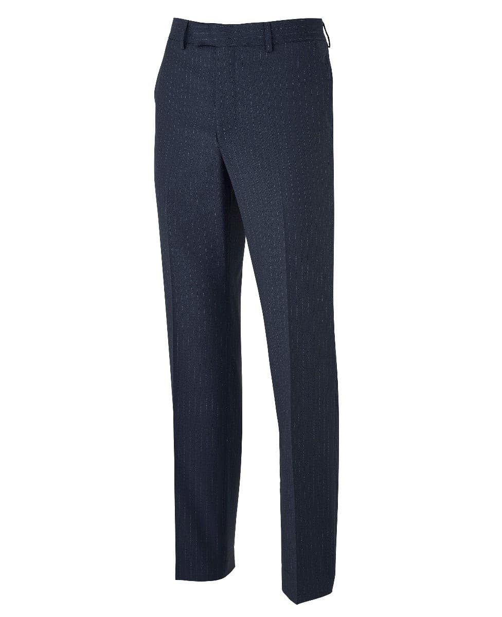 Men's tailored suit trousers in navy with subtle stripe pattern, made from high-quality fabric, featuring a flat front and a size of 32" x 34".
