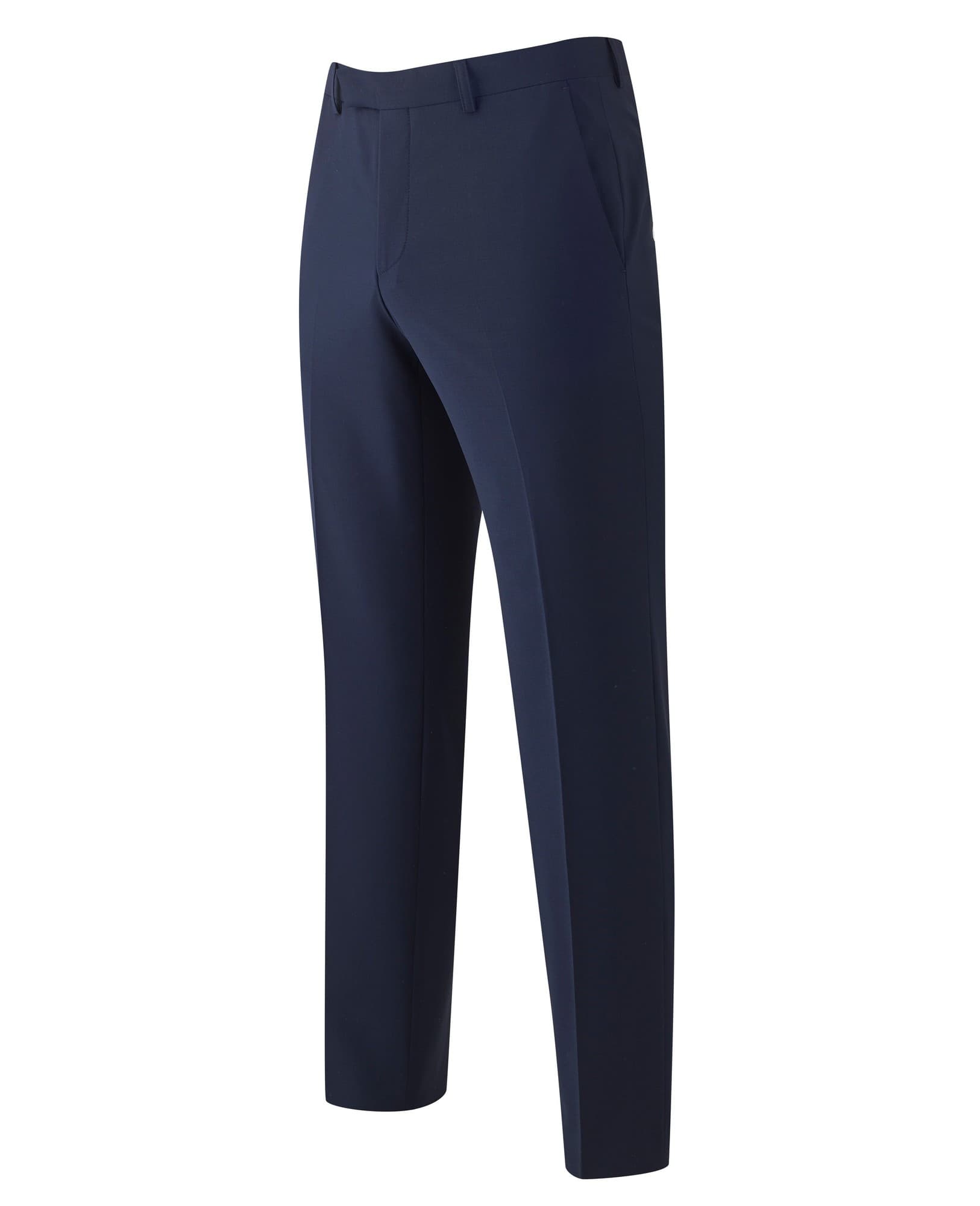 Men's navy wool-blend suit trousers by Savile Row Company, featuring a tailored fit, flat front, and side pockets, in size 44" x 33".
