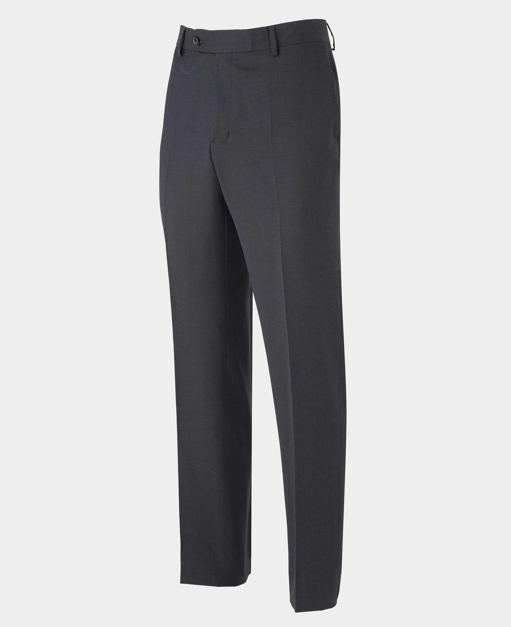 Men's navy wool-linen blend suit trousers in size 34" x 32", featuring a classic straight leg design and a single button closure for a tailored look.