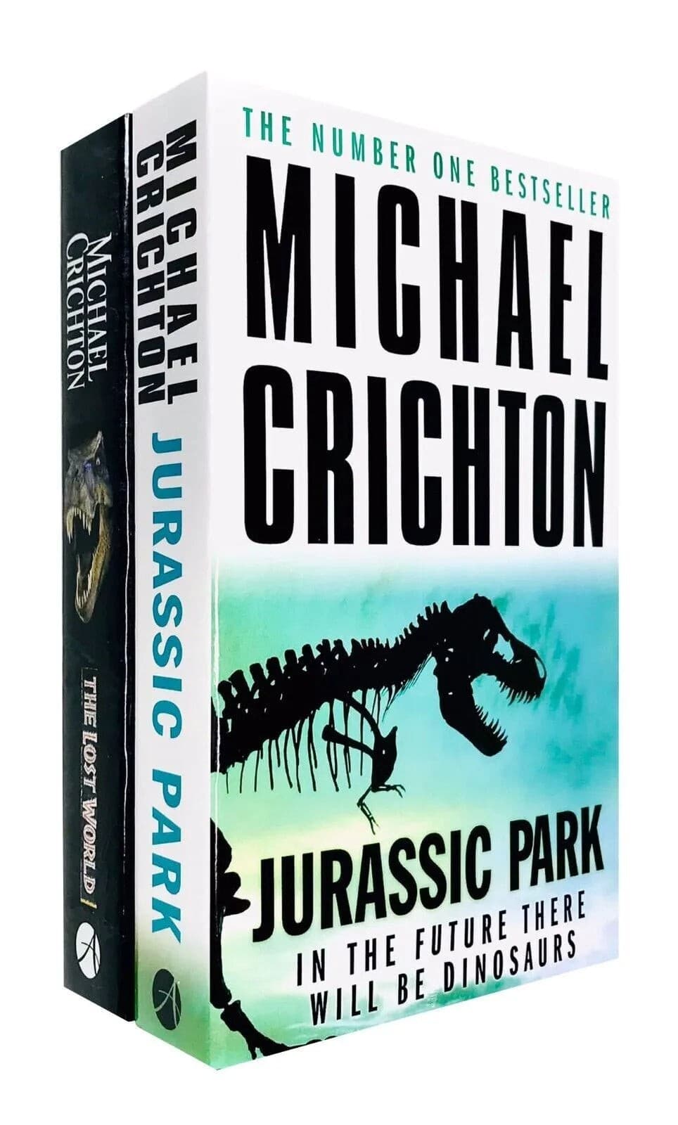 Two paperback books in a set featuring "The Lost World" and "Jurassic Park" by Michael Crichton, with a striking cover design showcasing a dinosaur skeleton and bold typography.