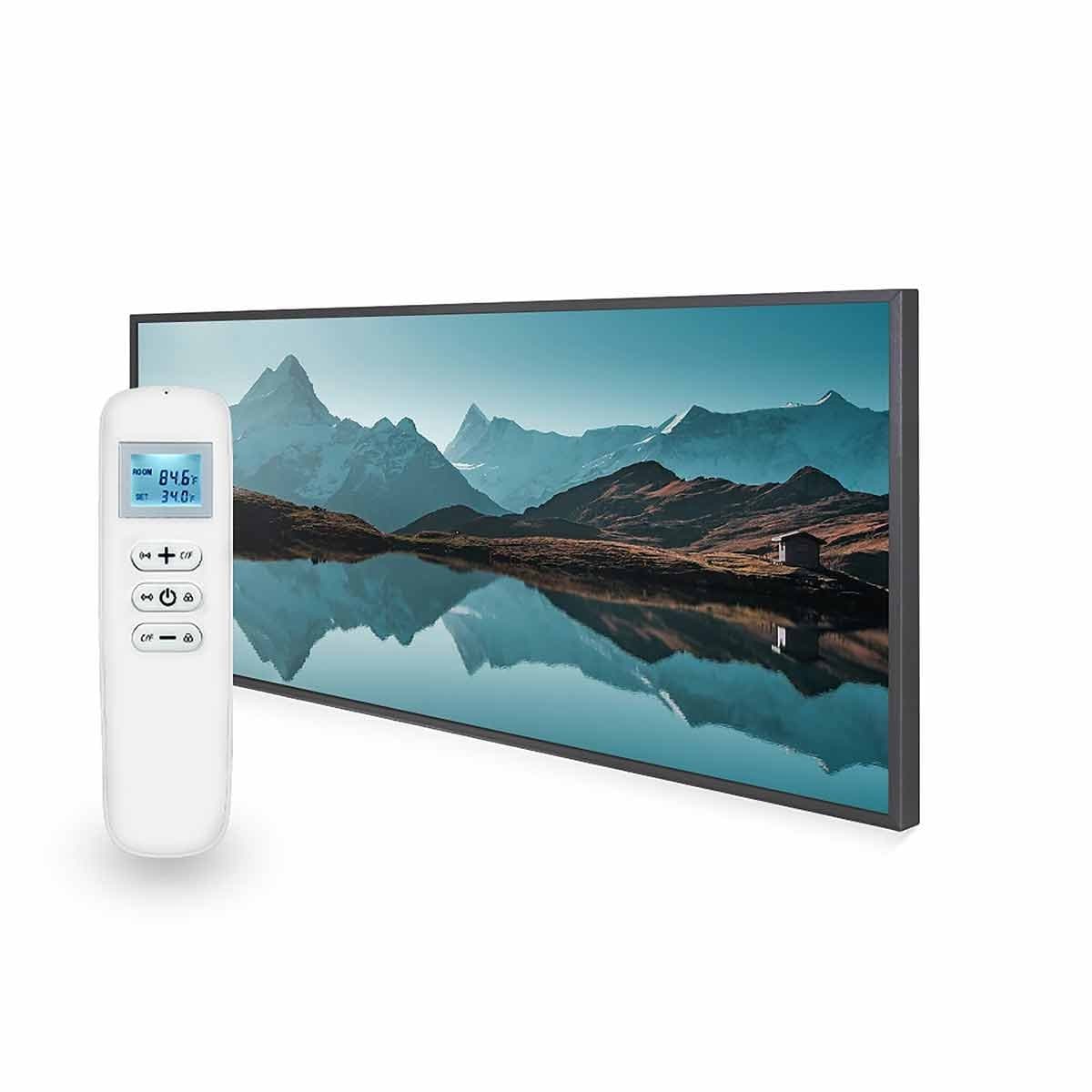Wi-Fi-enabled infrared heating panel featuring a scenic mountain landscape print, framed in black, accompanied by a sleek white remote control with digital display and buttons.
