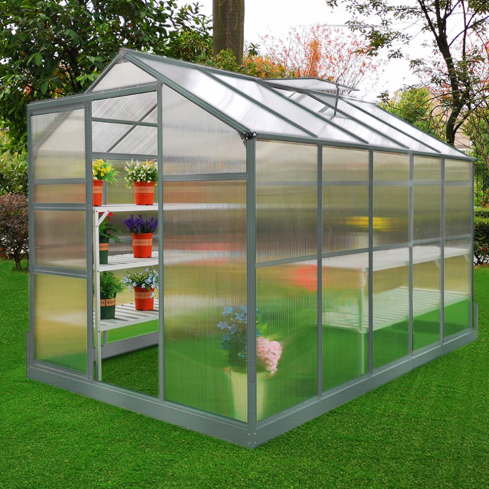 6ft x 10ft greenhouse featuring a silver aluminium base, polycarbonate panels, sliding door, and interior shelves with potted plants, set on green grass.