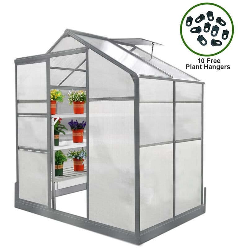 Green 6ft x 4ft greenhouse with a silver metal frame, transparent panels, and shelves holding potted plants, accompanied by 10 free plant hangers.