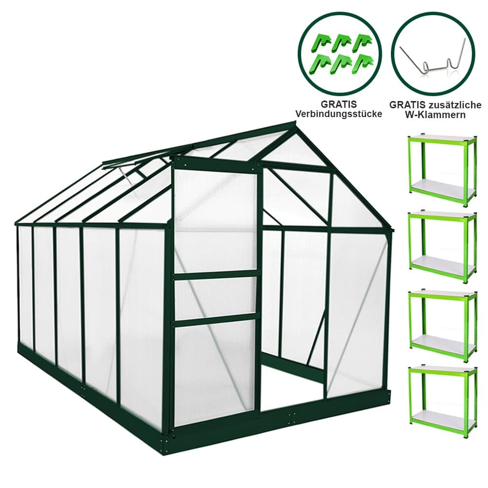 Green aluminum greenhouse measuring 1.9m x 3.1m with a sturdy base, featuring transparent panels and a sloped roof for optimal sunlight exposure.