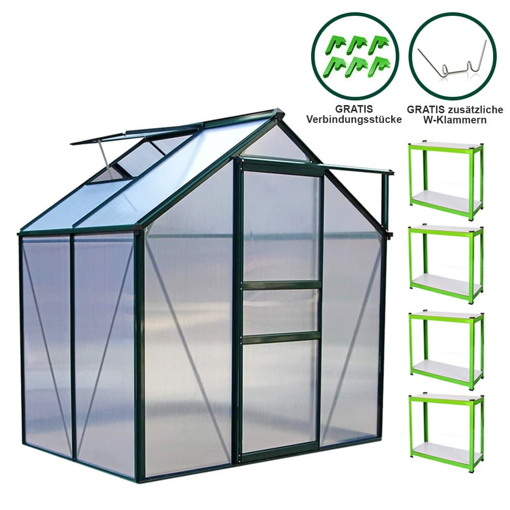 Green aluminum greenhouse measuring 1.9m x 1.2m, featuring transparent polycarbonate panels, two roof vents, and shelves, designed for gardening without a base.