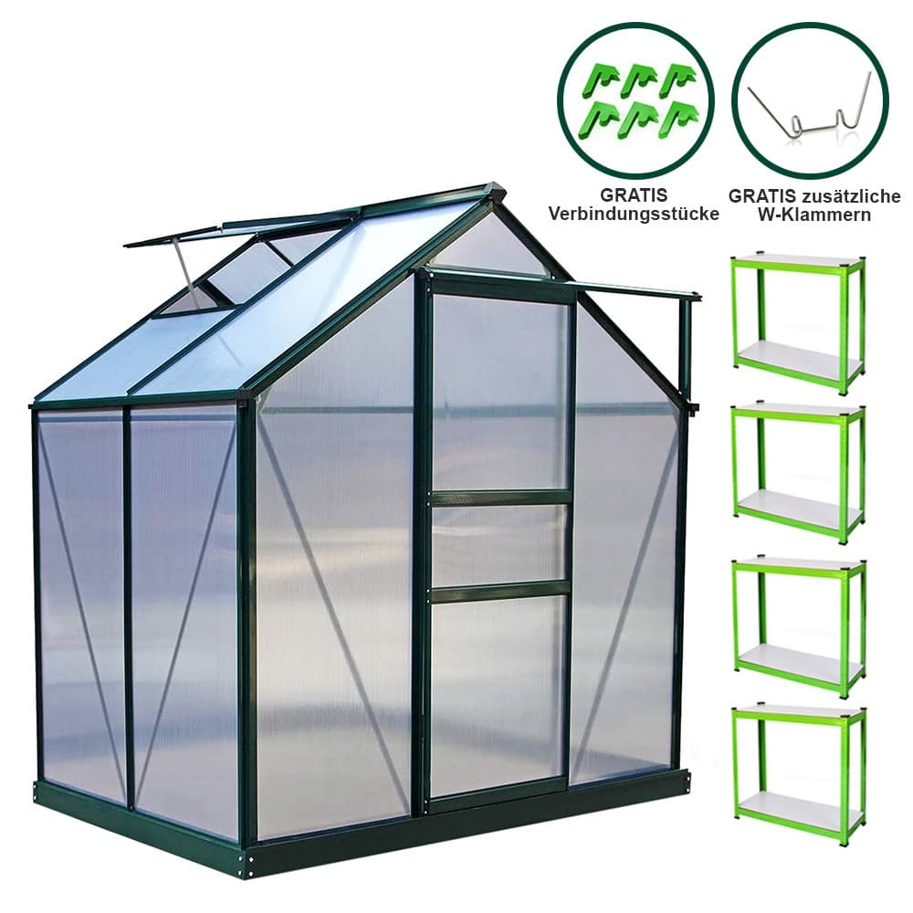 A green aluminum greenhouse measuring 1.9m x 1.2m with a clear polycarbonate roof, featuring a hinged roof vent and additional green brackets for assembly.