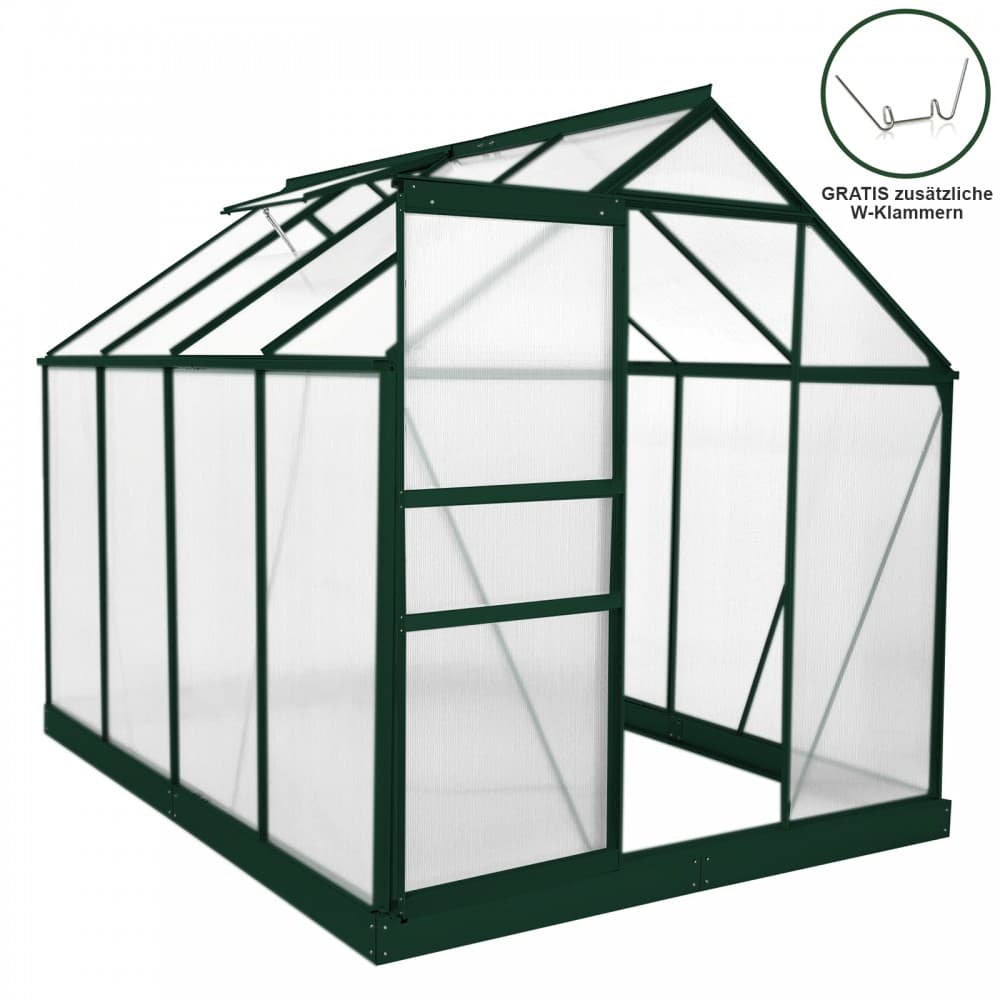 Green aluminum greenhouse measuring 1.9m x 2.5m with a stainless steel foundation, featuring transparent panels and a sloped roof for optimal sunlight.