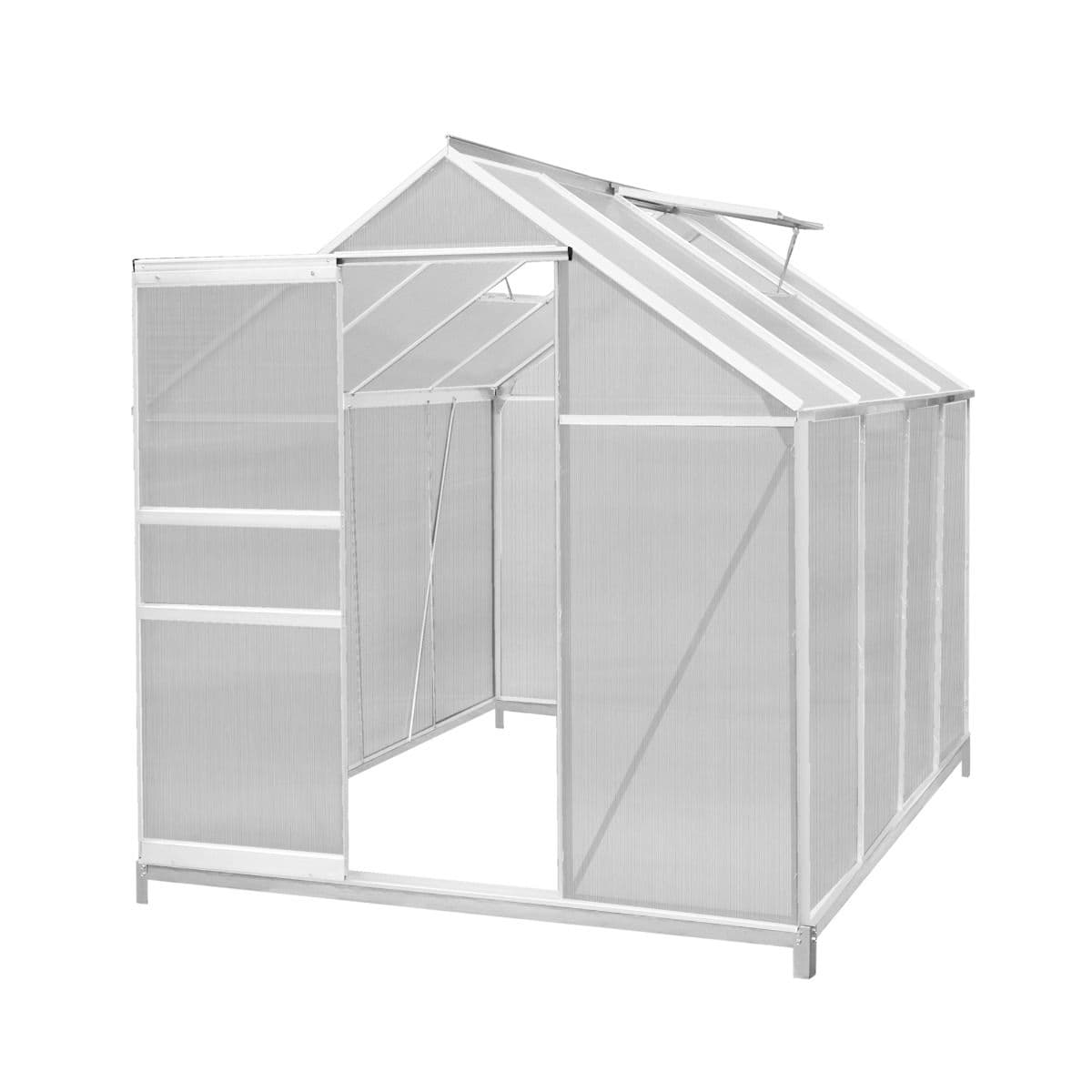 Silver aluminium walk-in greenhouse measuring 6ft x 8ft, featuring polycarbonate panels, a sloped roof, and a double-door entry for easy access.