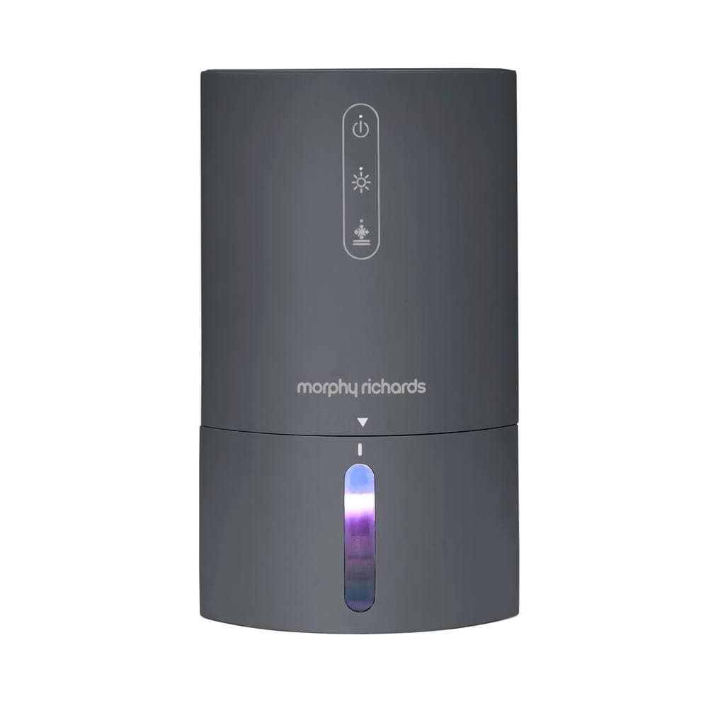 Grey Morphy Richards PureFresh 0.9L dehumidifier features a sleek design with a power button and indicator lights, compact size suitable for small spaces.