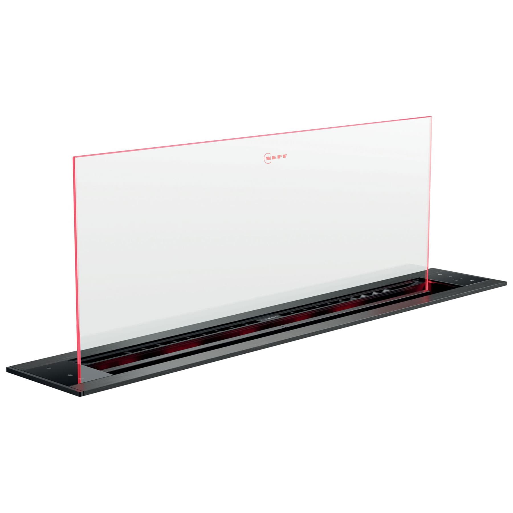 Black down draft cooker hood with clear glass panel, featuring a sleek design and integrated ventilation slots, ideal for modern kitchens.