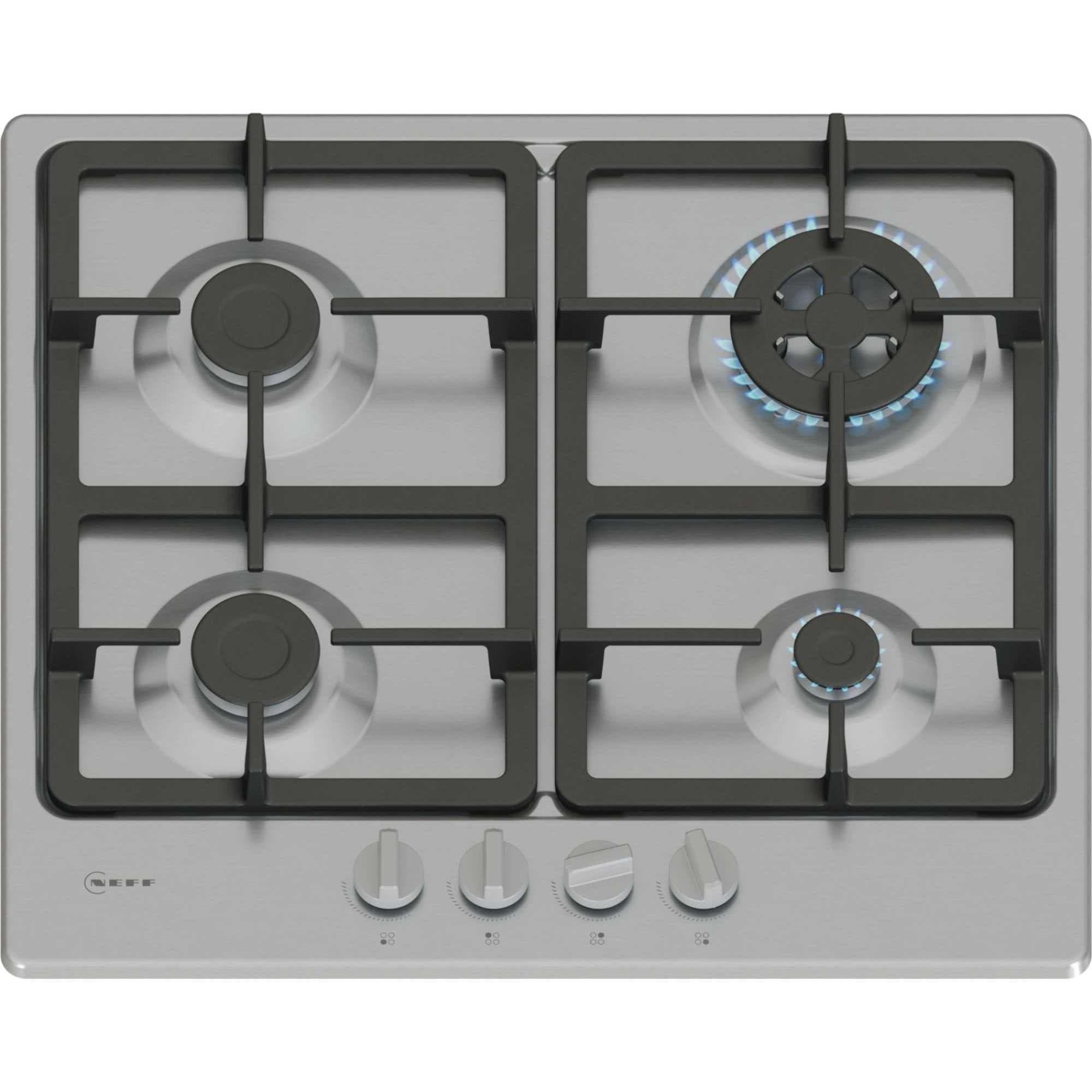 Stainless steel gas hob featuring four burners, including a central wok burner with blue flame, and control knobs at the front for easy operation.