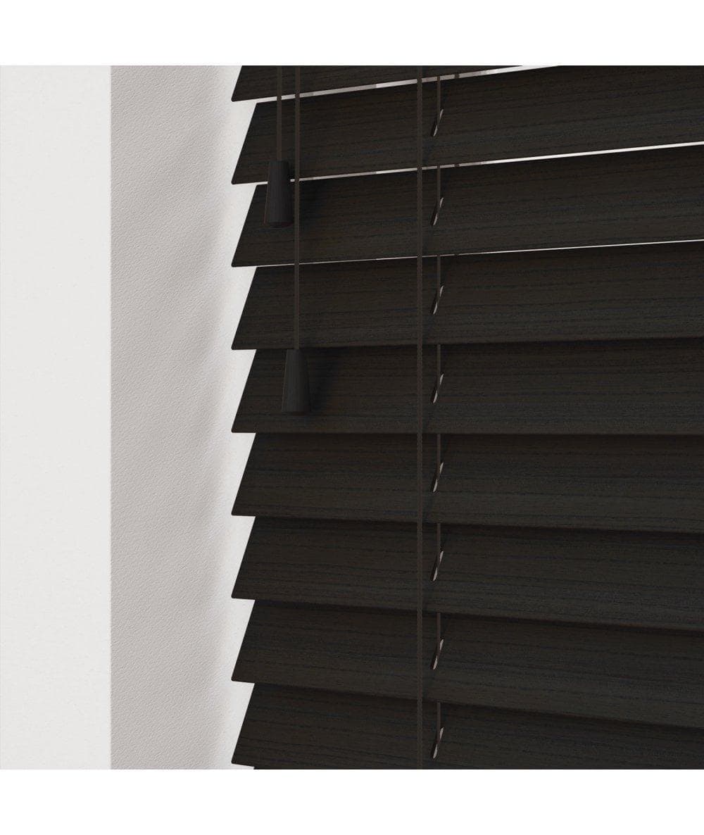Fine grain dark walnut blinds with adjustable strings, measuring 230cm, featuring sleek horizontal slats and a rich brown finish.