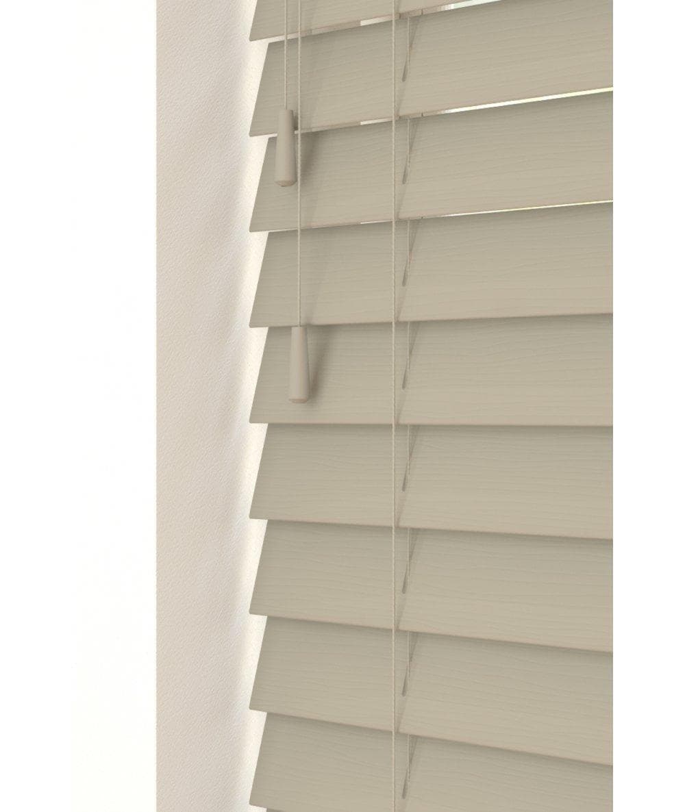 Taupe fine grain blinds with strings, featuring horizontal slats in a smooth finish, measuring 60cm in width, offering a modern and elegant look.