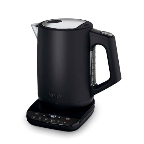 Black Ninja KT200UK kettle with a 1.7L capacity, featuring a digital temperature control panel, a transparent water level indicator, and a sleek, modern design.