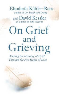 The book cover features a soft white background with delicate feather motifs, displaying the title "On Grief and Grieving" in elegant blue text, along with authors' names.