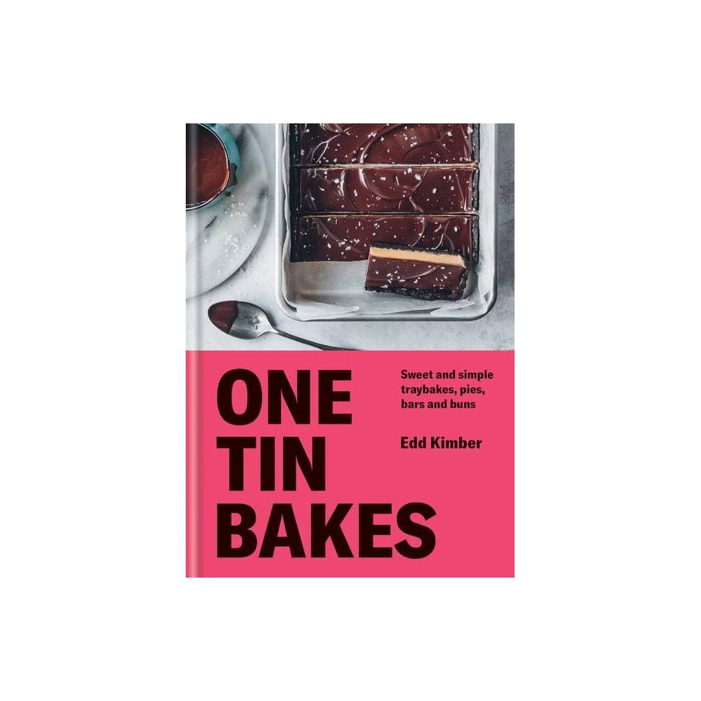Hardcover book titled "One Tin Bakes" by Edd Kimber, featuring a pink cover with white text, and an image of traybakes topped with coconut flakes in a metal tray.