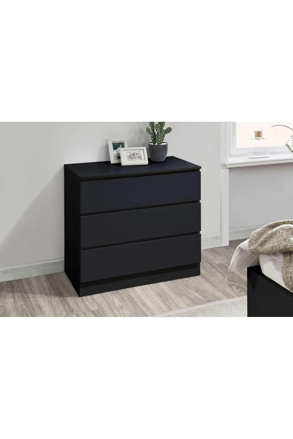 Birlea Oslo 3 Drawer Chest in black features a sleek, modern design with three spacious drawers, a smooth top surface, and a minimalist aesthetic, perfect for contemporary interiors.
