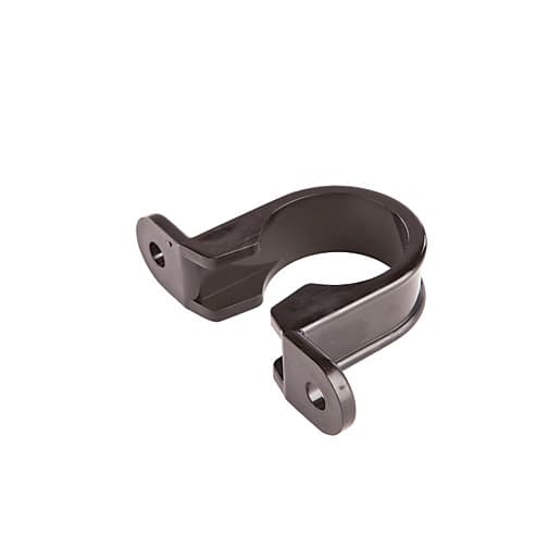 Black OsmaWeld 5Z081B pipe bracket made of durable plastic, designed for 40mm diameter pipes, featuring two mounting holes for secure installation.