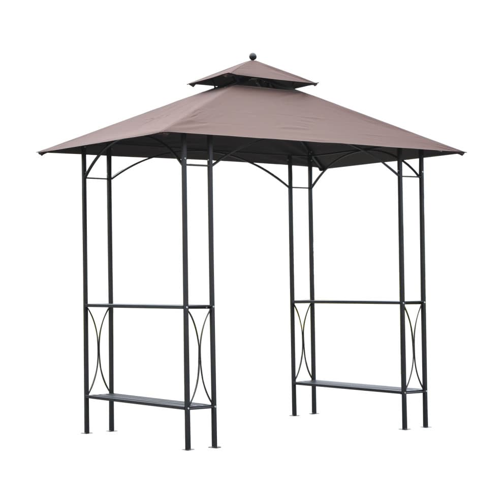 Brown 2.5 x 1.5m BBQ tent canopy with a peaked roof, metal frame, and open sides, designed for outdoor use as a sun shelter or party gazebo.