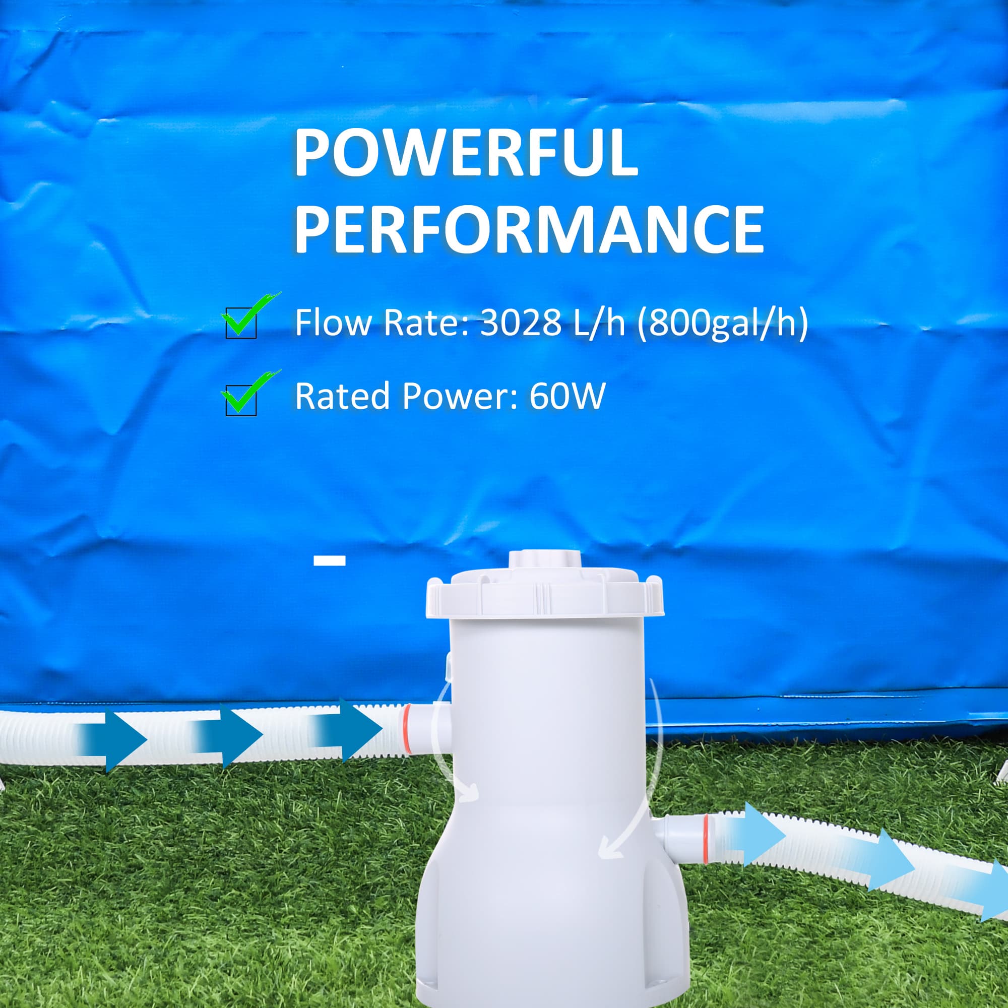 Outsunny Cartridge Filter Pump for 13'-15' Above Ground Pools, 800GPH (3028 LPH) Swimming Pool Filter Pump with Hose and Hose Clamps, White - image 4
