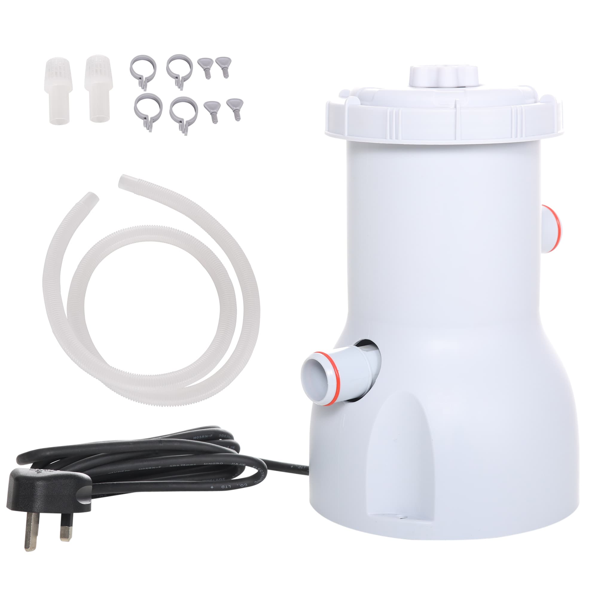 White cartridge filter pump designed for 13'-15' above ground pools, featuring an 800GPH capacity, with included hoses, clamps, and power cord.