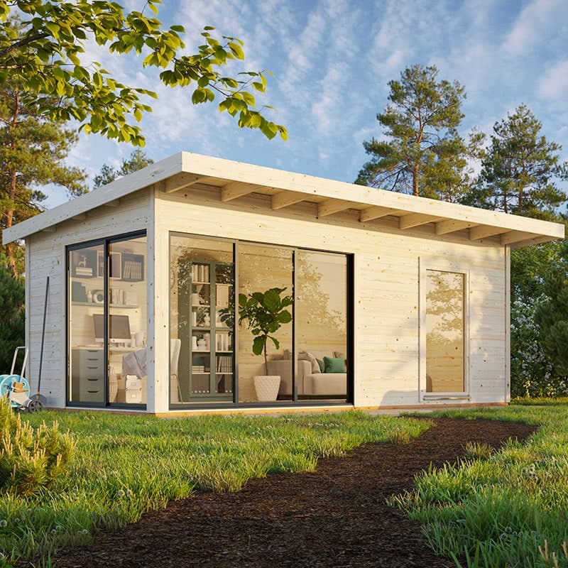 Contemporary log cabin featuring double glazed sliding doors, made of light-colored wood, with large glass panels and a modern design, surrounded by greenery.