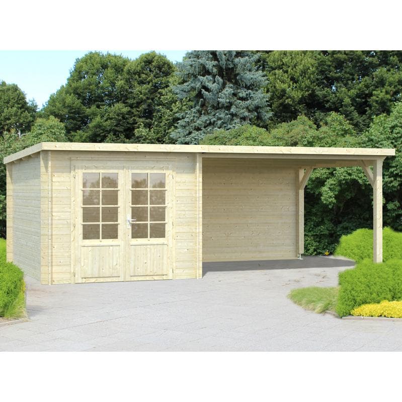 Light-colored wooden log cabin summer house with a 5.4m x 3m structure, featuring double glass doors and a covered porch area, surrounded by greenery.