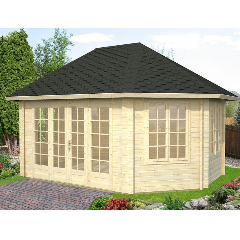 Light-colored wooden corner log cabin with a black shingle roof, featuring large glass-paneled doors and windows, set in a landscaped garden.