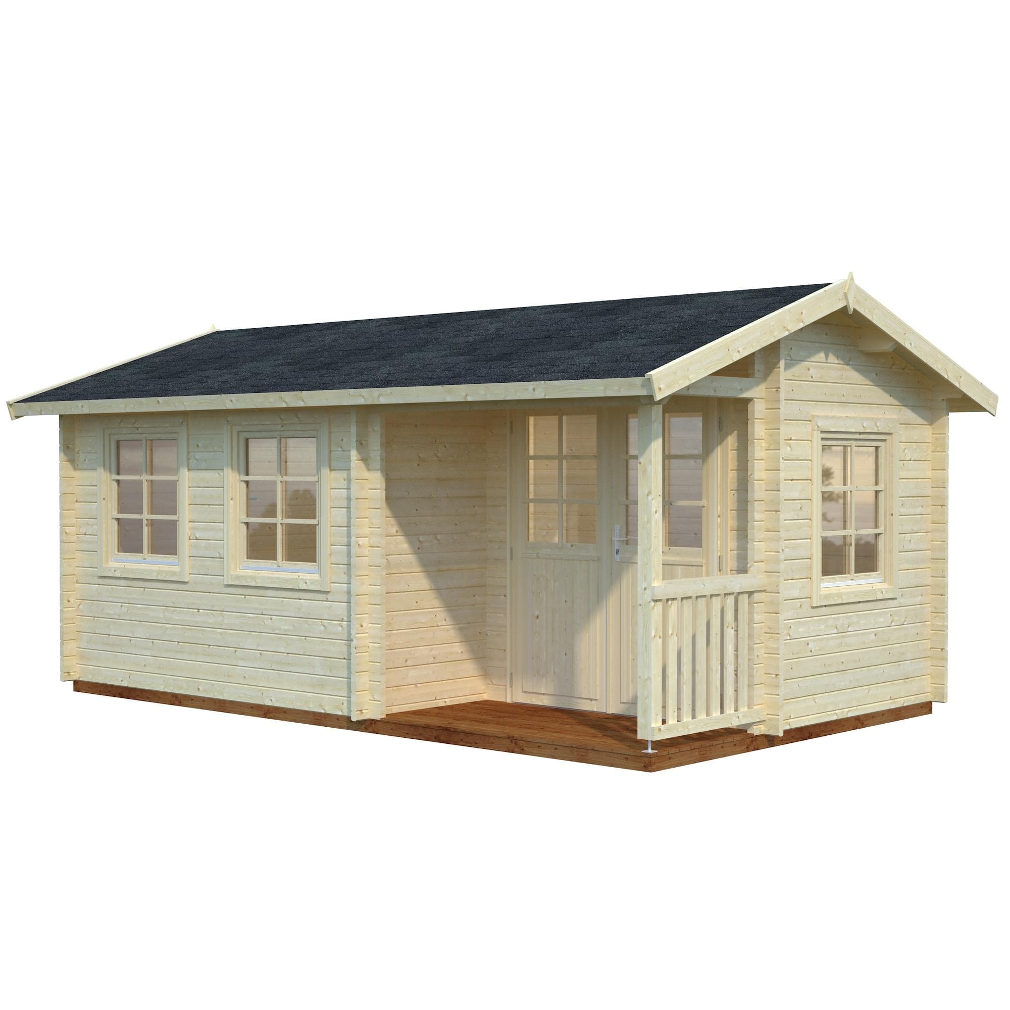 Light-colored wooden log cabin with a sloped black roof, featuring large windows, a front door, and a small porch, measuring 5.3m x 3.2m, made from 44mm thick timber.