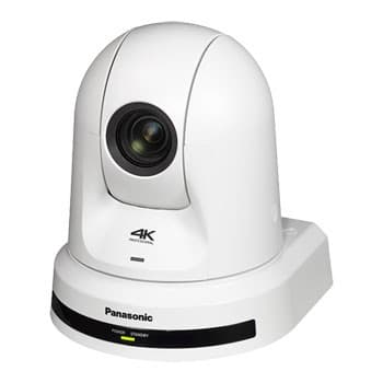 White Panasonic AW-UE50WEJ dome IP security camera with a sleek design, featuring a prominent lens and a 4K label, mounted on a circular base with indicator lights.