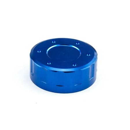 Blue aluminium reservoir cap with a 42mm diameter, featuring a smooth surface, circular shape, and multiple recessed holes for grip and installation.
