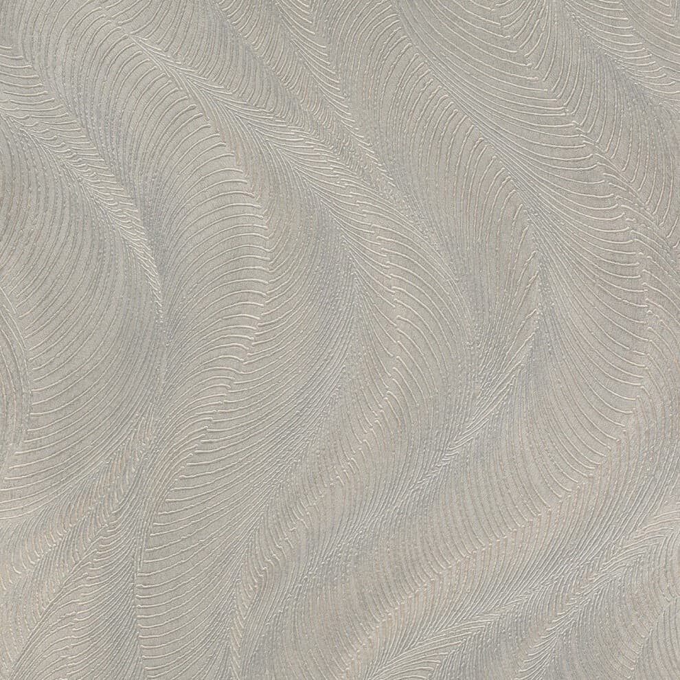 Textured grey wallpaper featuring a metallic wave pattern with subtle lines, creating a sophisticated and modern look.