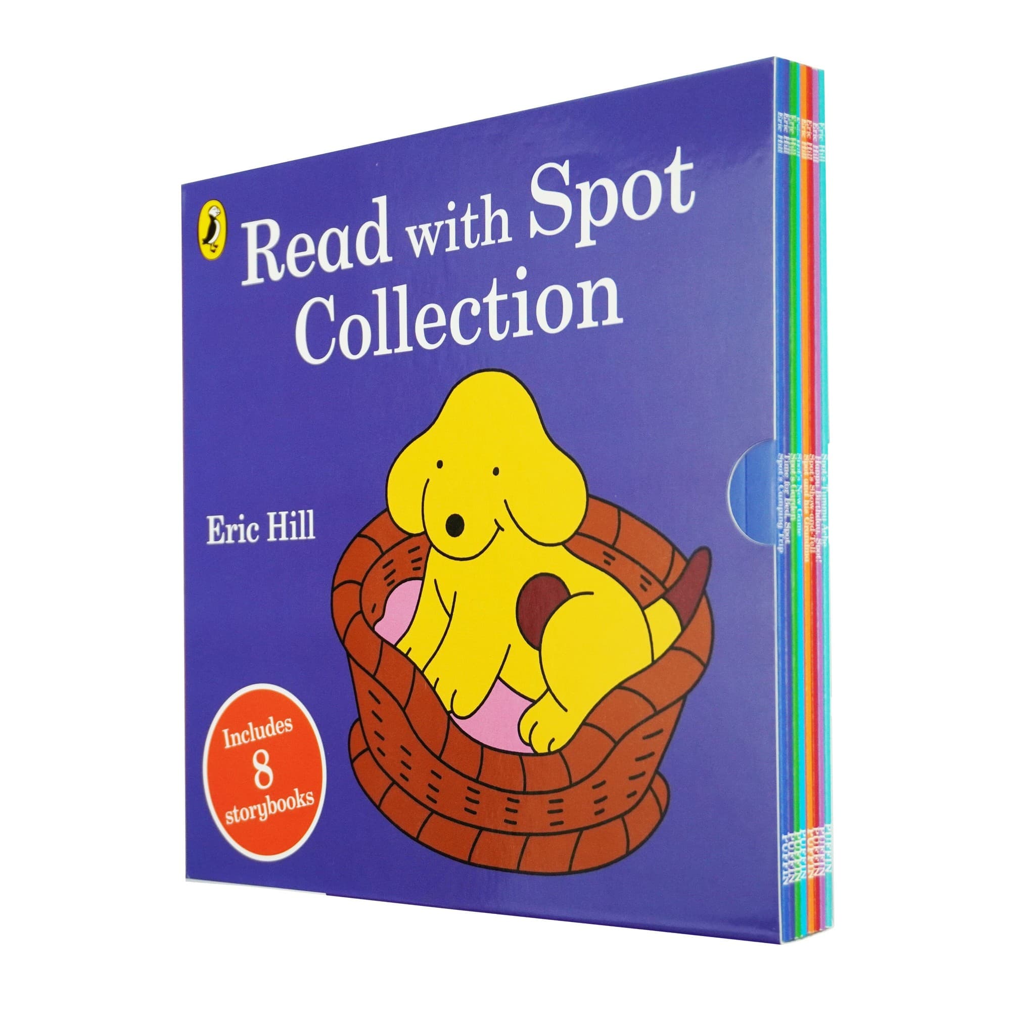 Colorful box set featuring the "Read with Spot Collection" by Eric Hill, showcasing a yellow puppy in a basket on the cover, with eight storybooks included.