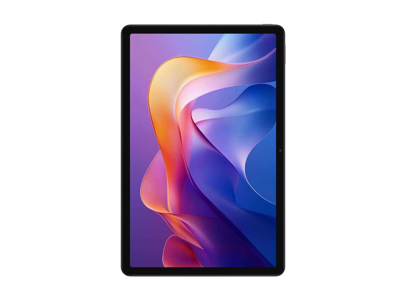 Gray Xiaomi Redmi Pad 2 tablet featuring a vibrant display with abstract purple and orange graphics, sleek design, and a slim profile, showcasing 4GB RAM and 128GB storage.