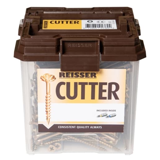 Brown plastic container filled with 450 yellow wood screws, labeled "REISSER CUTTER," featuring a countersunk head and Pozi drive, emphasizing consistent quality.