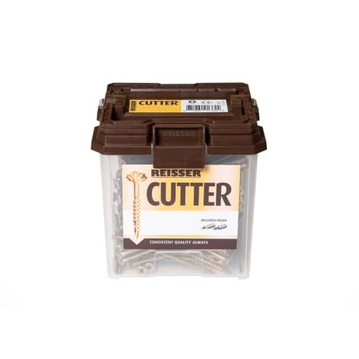 Brown plastic container filled with yellow wood screws, labeled "Reisser Cutter," featuring countersunk heads and Pozi drive, holding a total of 652 screws.