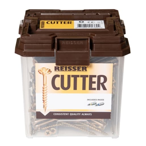 Transparent container with a brown lid, filled with yellow wood screws labeled "Reisser Cutter," featuring a countersunk design and Pozi drive, totaling 452 screws.