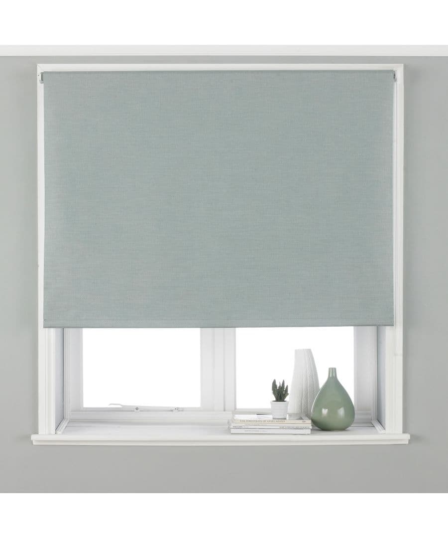 Twilight blackout blinds in a soft blue color, measuring 61 cm x 162 cm, feature a smooth fabric texture and are mounted within a white window frame.